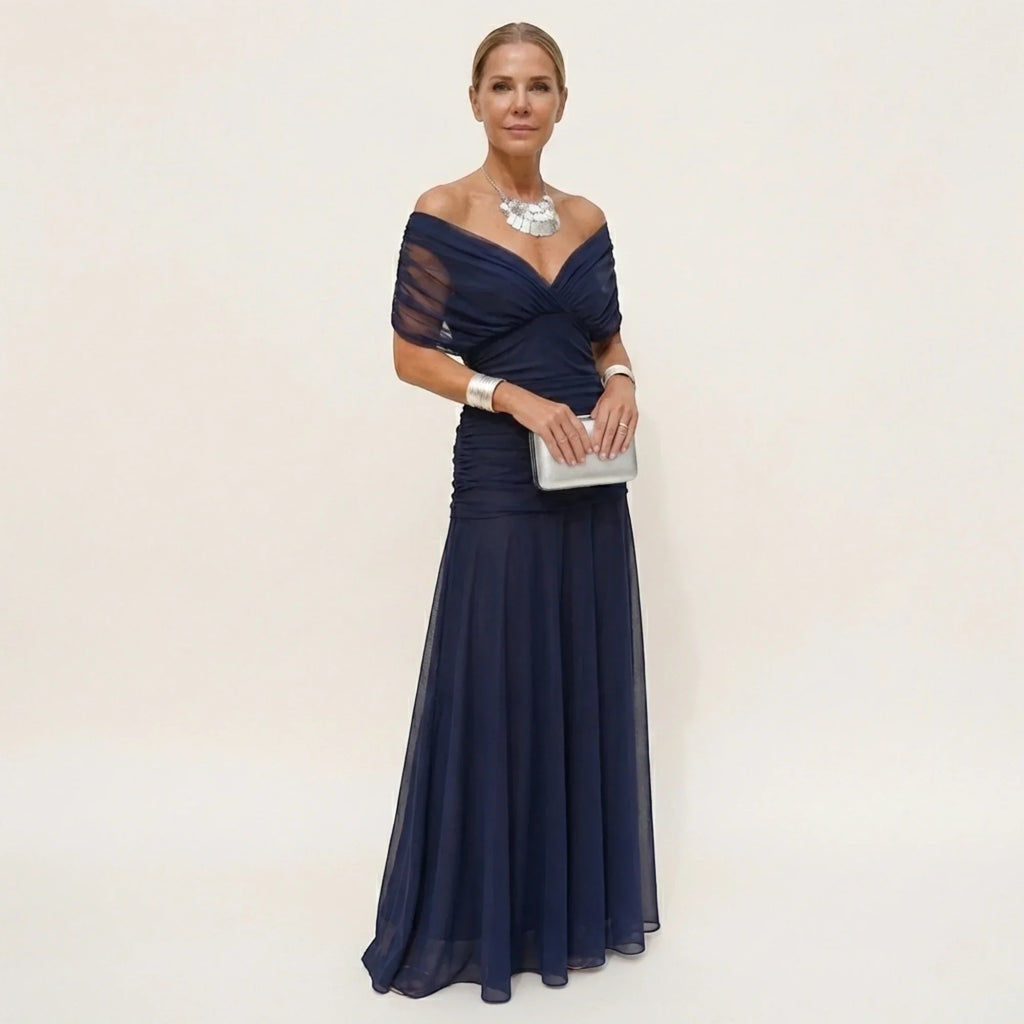 Women's Elegant Off-Shoulder Wedding Guest Maxi Dress - Blue