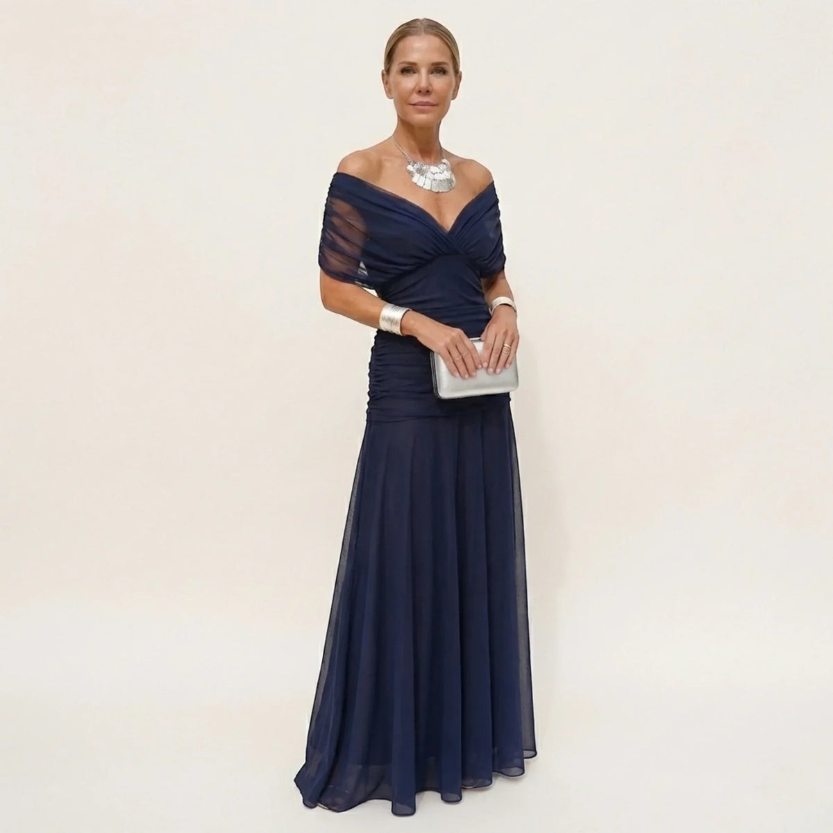 Women's Elegant Off-Shoulder Wedding Guest Maxi Dress - Blue