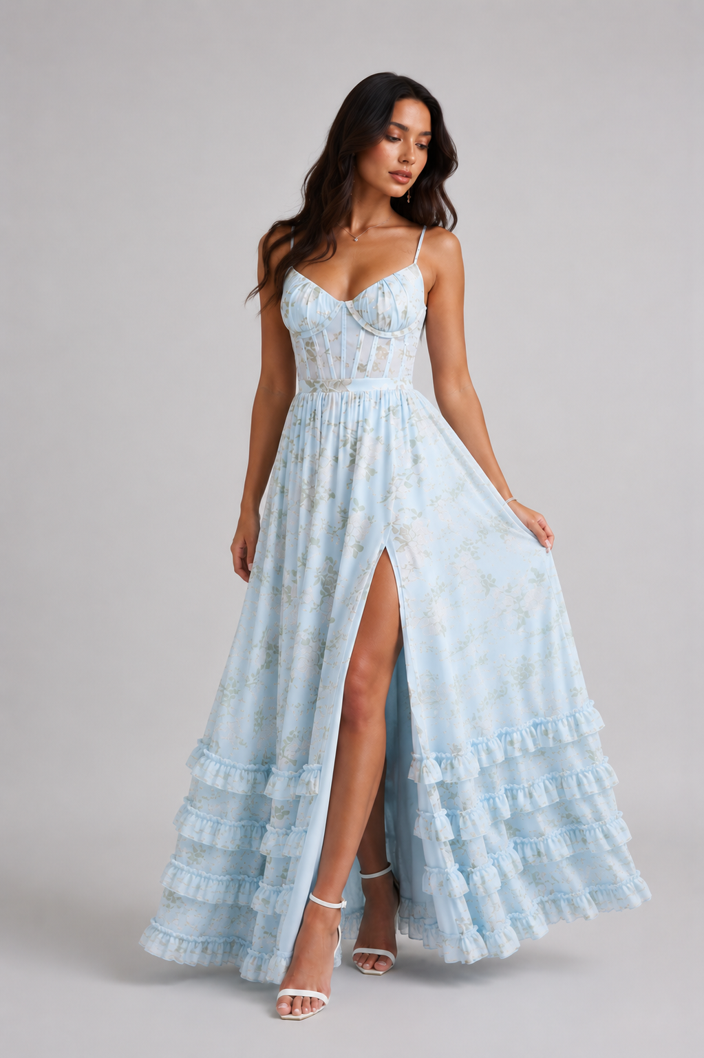 Women's Strappy Maxi Dress with Side Slit - Blue