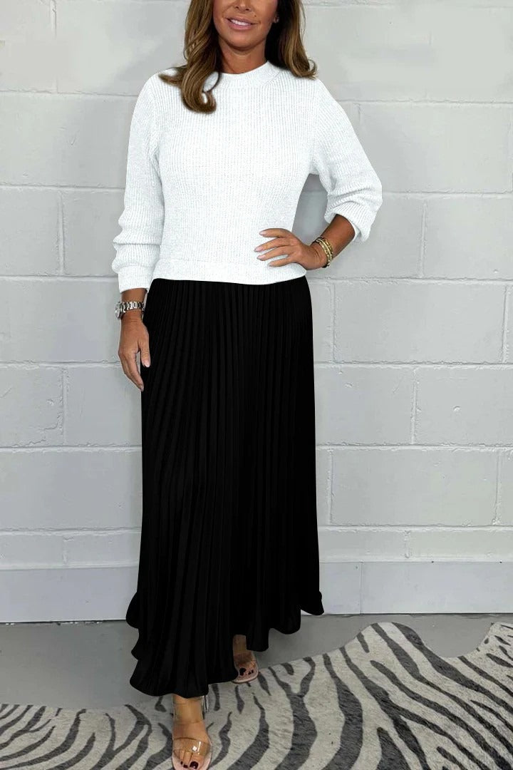 Women's Maxi Dress with Knit Top and Pleated Skirt - White/Black