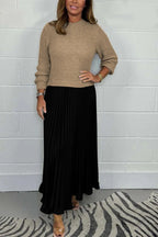 Women's Maxi Dress with Knit Top and Pleated Skirt - Brown/Black