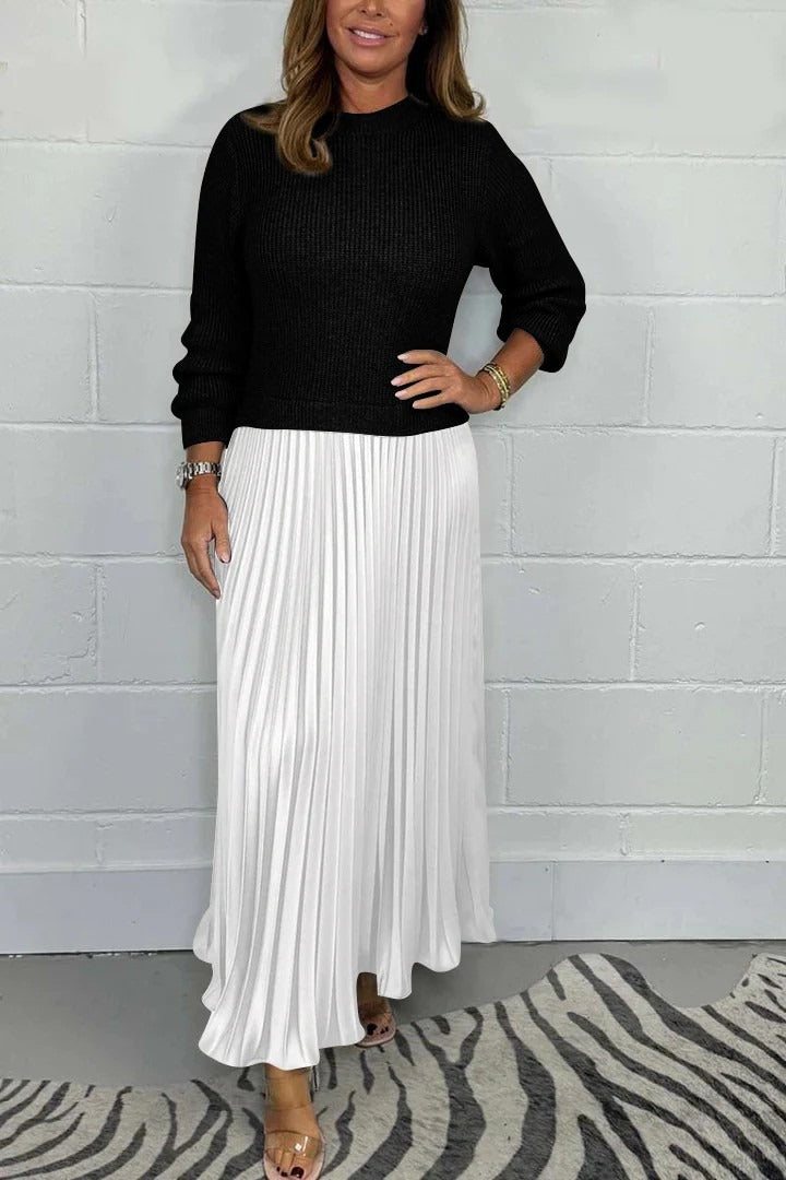 Women's Maxi Dress with Knit Top and Pleated Skirt - Black/White