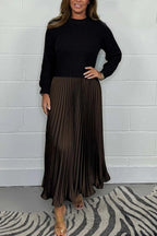 Women's Maxi Dress with Knit Top and Pleated Skirt - Black/Brown