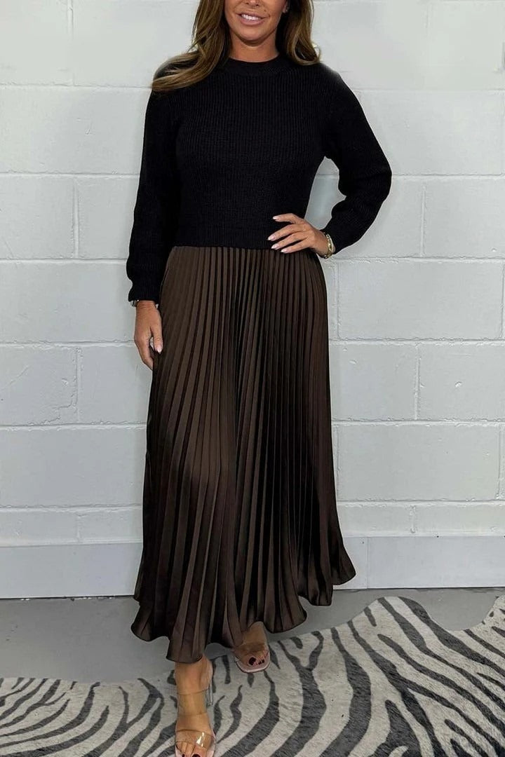 Women's Maxi Dress with Knit Top and Pleated Skirt - Black/Brown