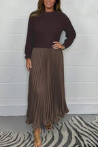 Women's Maxi Dress with Knit Top and Pleated Skirt - Brown/Coffee