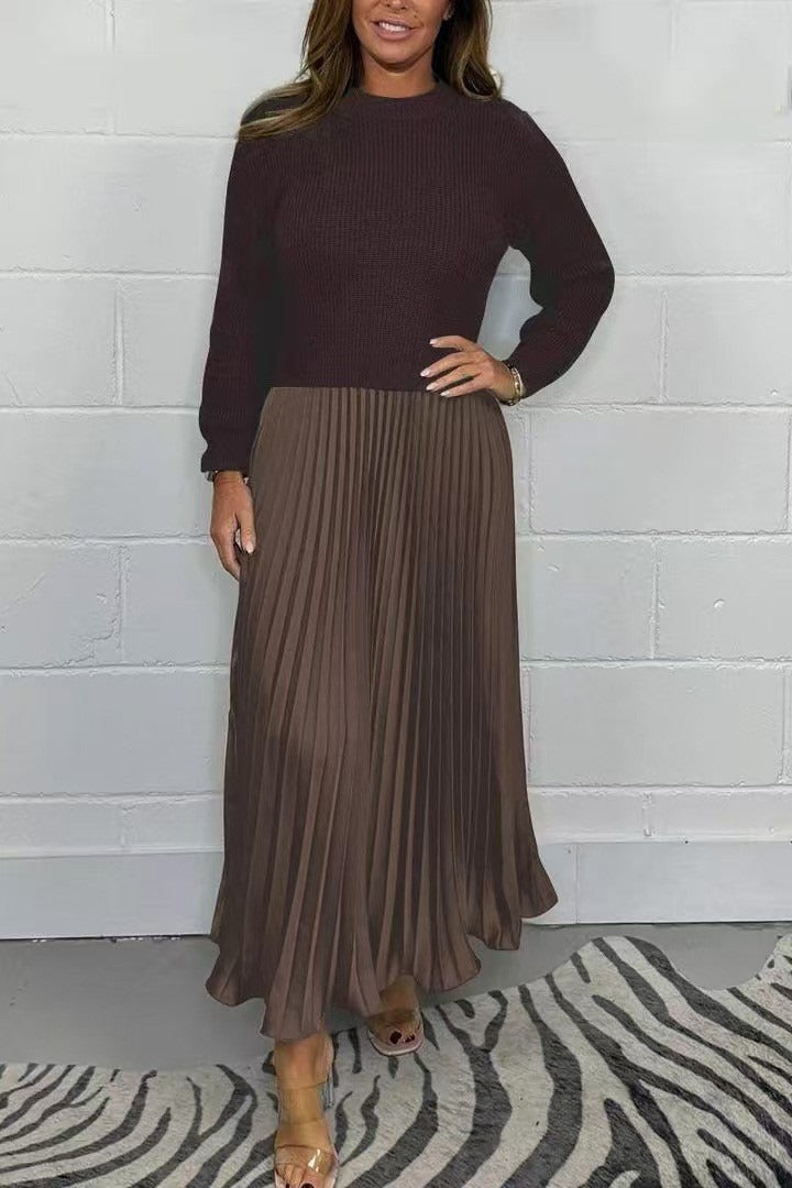 Women's Maxi Dress with Knit Top and Pleated Skirt - Brown/Coffee
