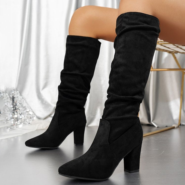 Women's Elegant Knee-High Heeled Boots - Black