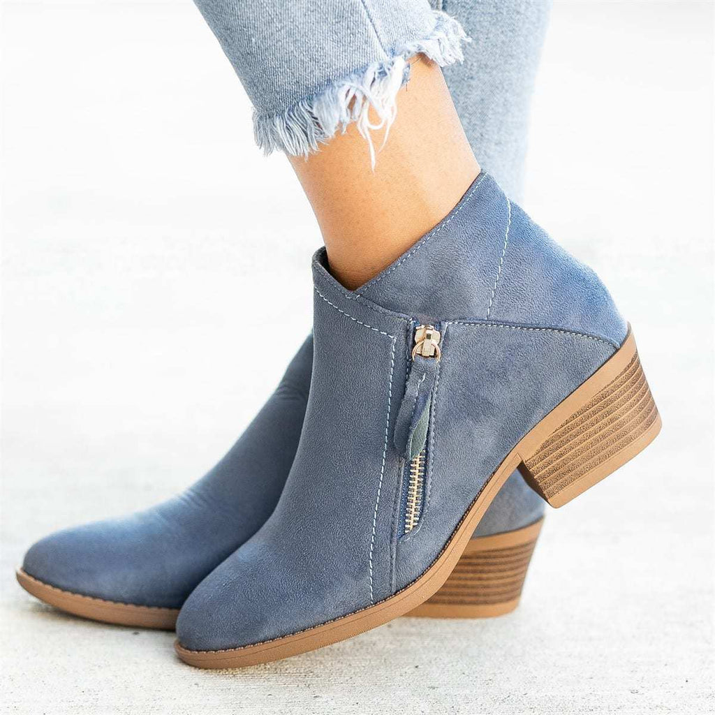 Women's Suede Ankle Boots with Wooden Heel - Blue