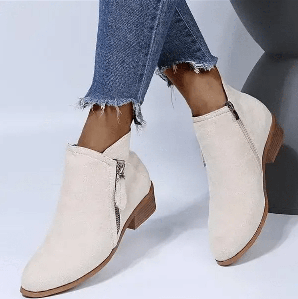 Women's Suede Ankle Boots with Wooden Heel - Cream