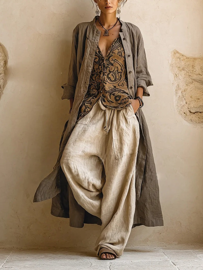 Women's 3-Piece Linen Cotton Set Ethnic Top, Cardigan and Wide-Leg Pants - Beige