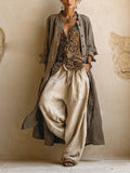 Women's 3-Piece Linen Cotton Set Ethnic Top, Cardigan and Wide-Leg Pants - Beige