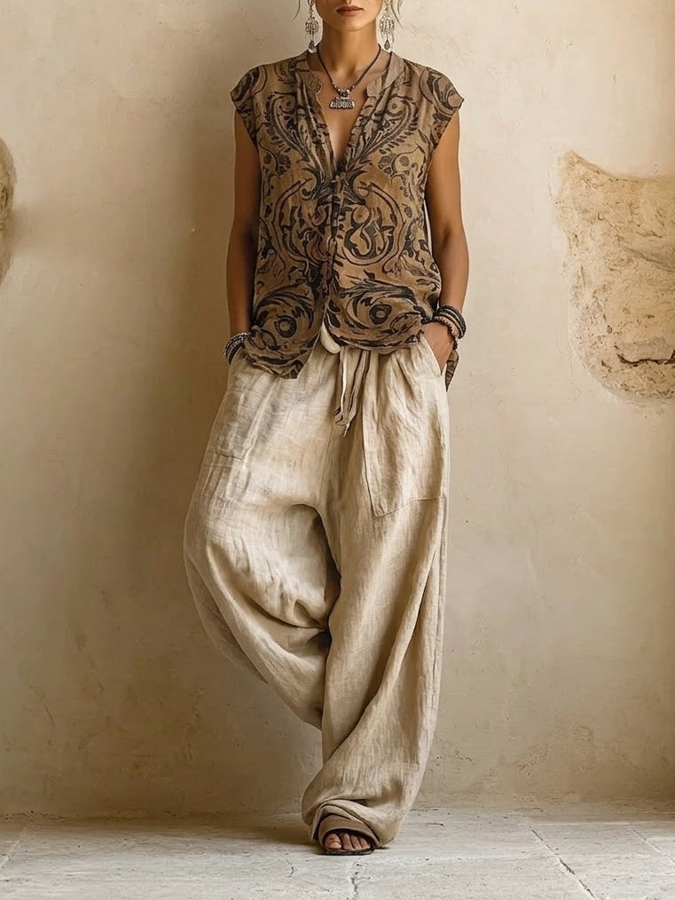 Women's 3-Piece Linen Cotton Set Ethnic Top, Cardigan and Wide-Leg Pants