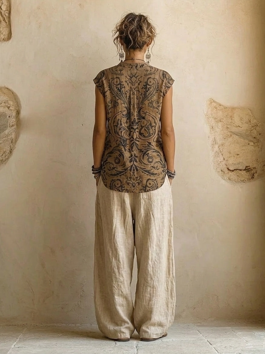 Women's 3-Piece Linen Cotton Set Ethnic Top, Cardigan and Wide-Leg Pants