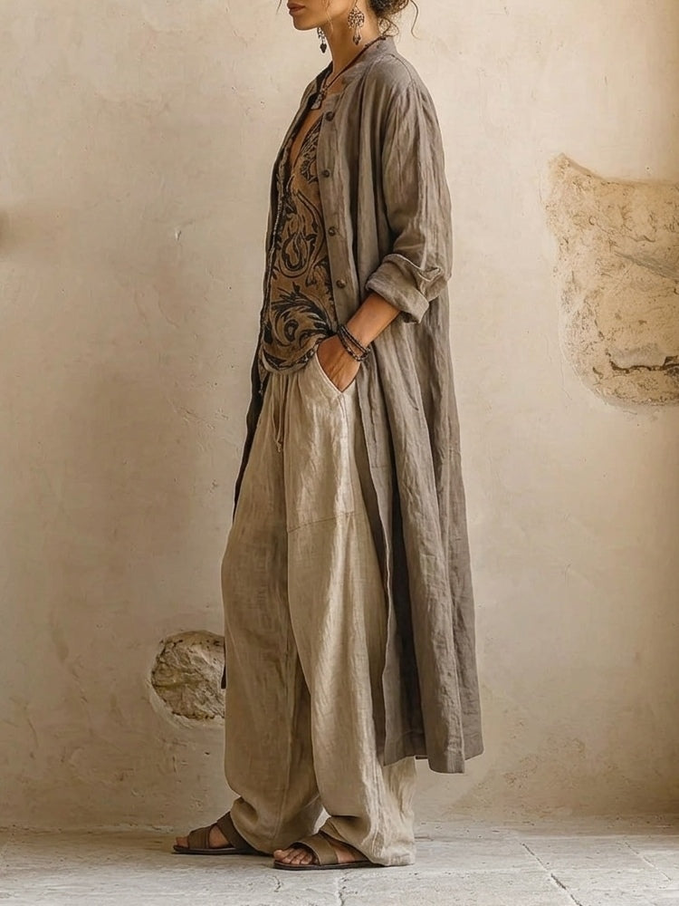 Women's 3-Piece Linen Cotton Set Ethnic Top, Cardigan and Wide-Leg Pants