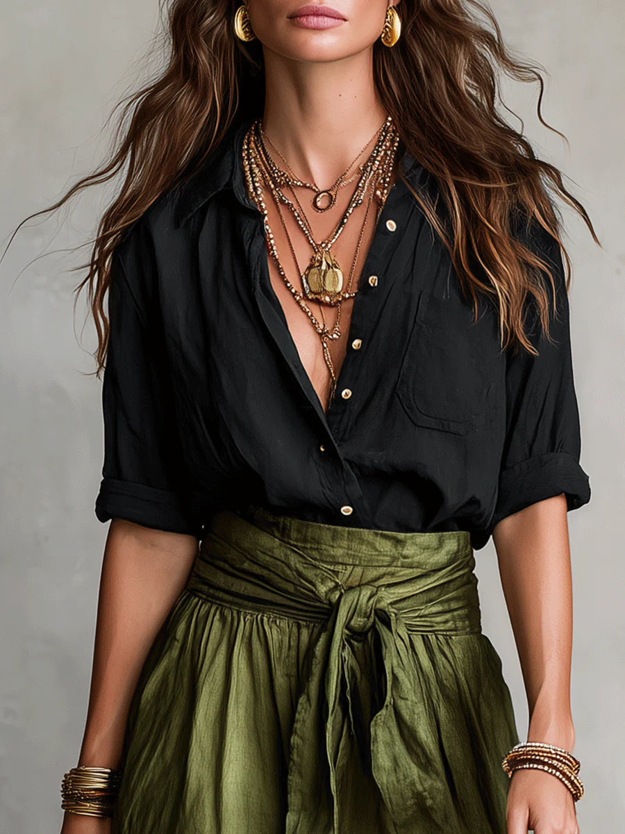 Women's Two-Piece Set Black T-Shirt and Olive Green Midi Skirt