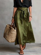 Women's Two-Piece Set Black T-Shirt and Olive Green Midi Skirt