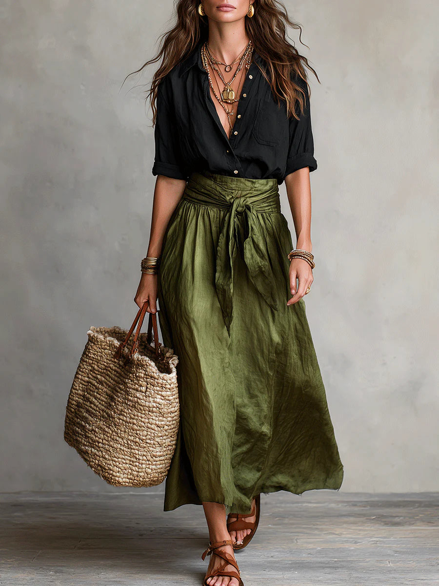 Women's Two-Piece Set Black T-Shirt and Olive Green Midi Skirt - Black Green