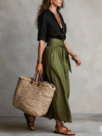 Women's Two-Piece Set Black T-Shirt and Olive Green Midi Skirt