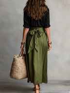 Women's Two-Piece Set Black T-Shirt and Olive Green Midi Skirt