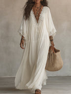 Women's White Boho Maxi Dress - White
