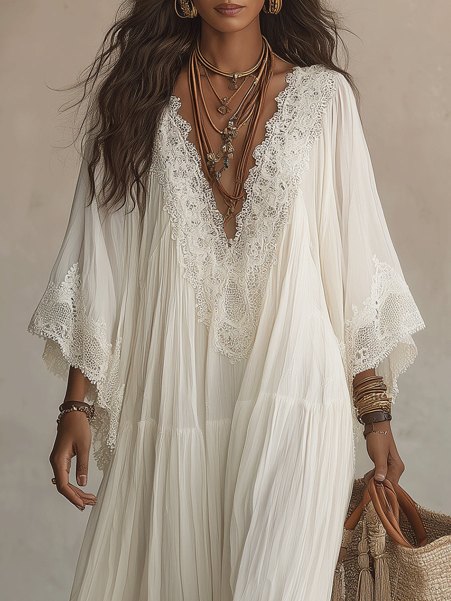Women's White Boho Maxi Dress
