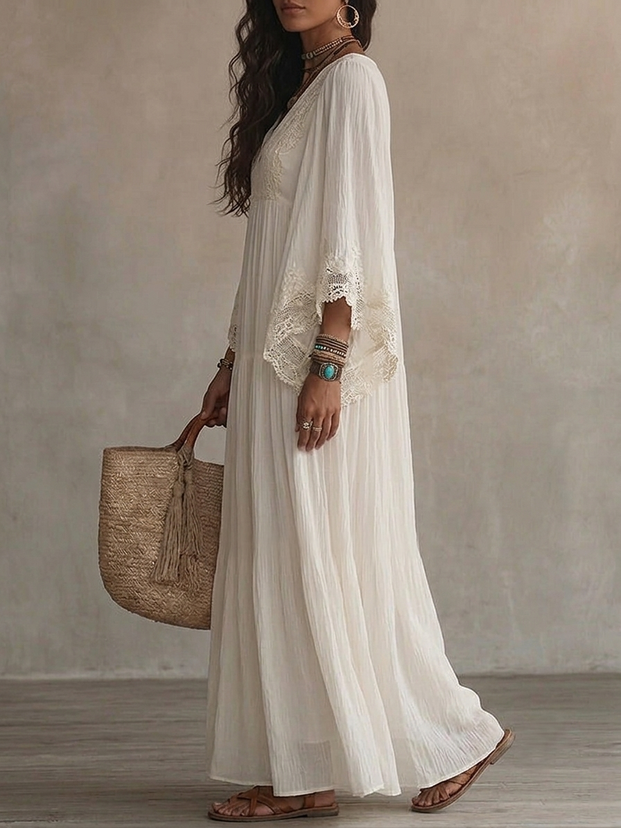 Women's White Boho Maxi Dress