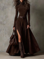 Women's Suede Dress for Fall - Dark Brown
