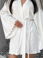 Women's Wide Sleeve Kimono Robe with Adjustable Belt - White
