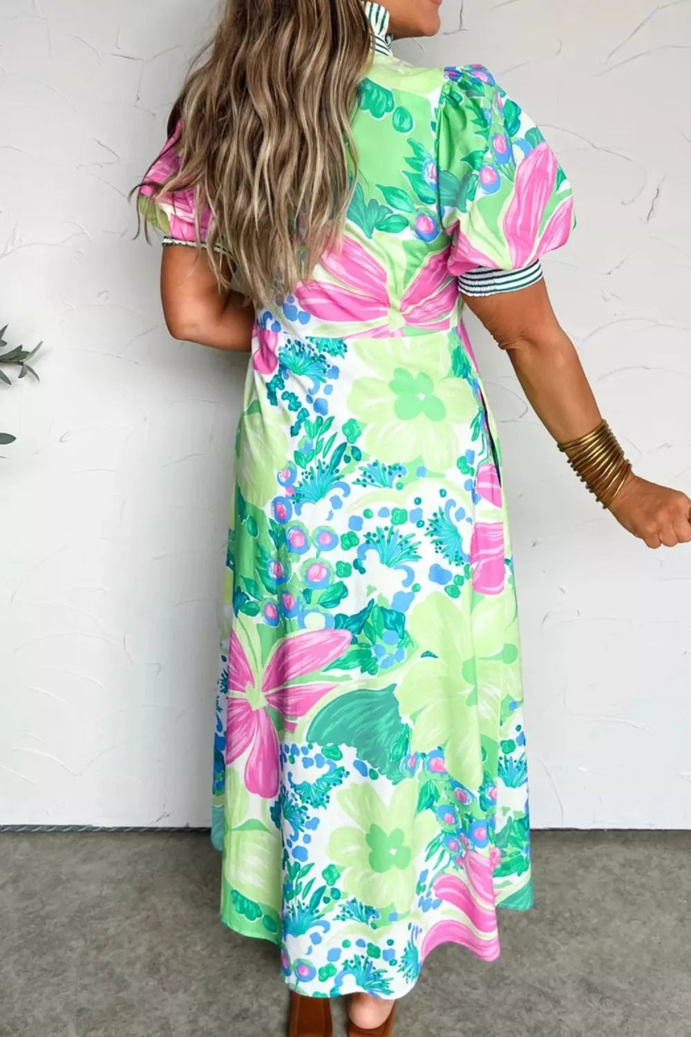Women's Floral Button-Front Midi Dress with Puff Sleeves