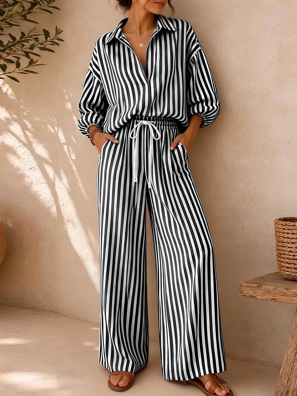 Women's Striped Shirt and Pants Set - Black A