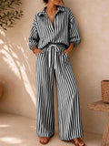 Women's Striped Shirt and Pants Set - Black A