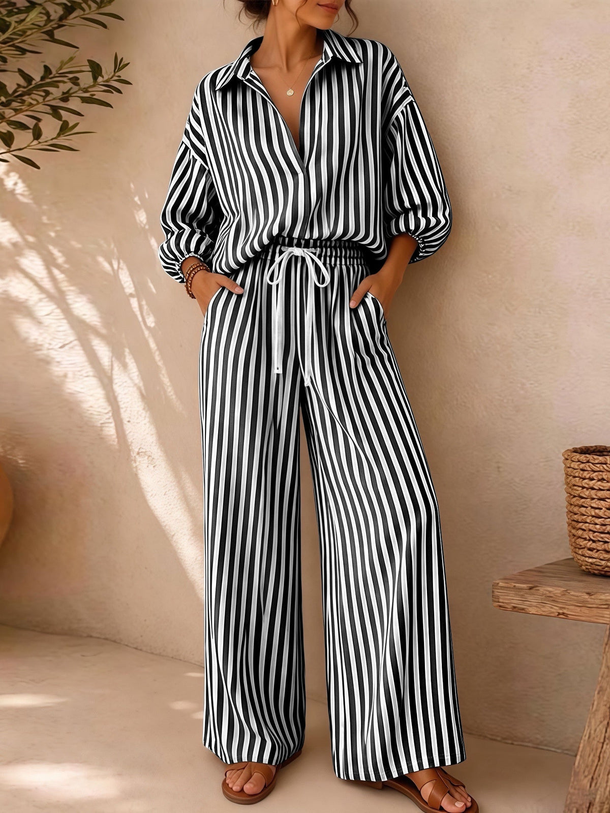 Women's Striped Shirt and Pants Set - Black A