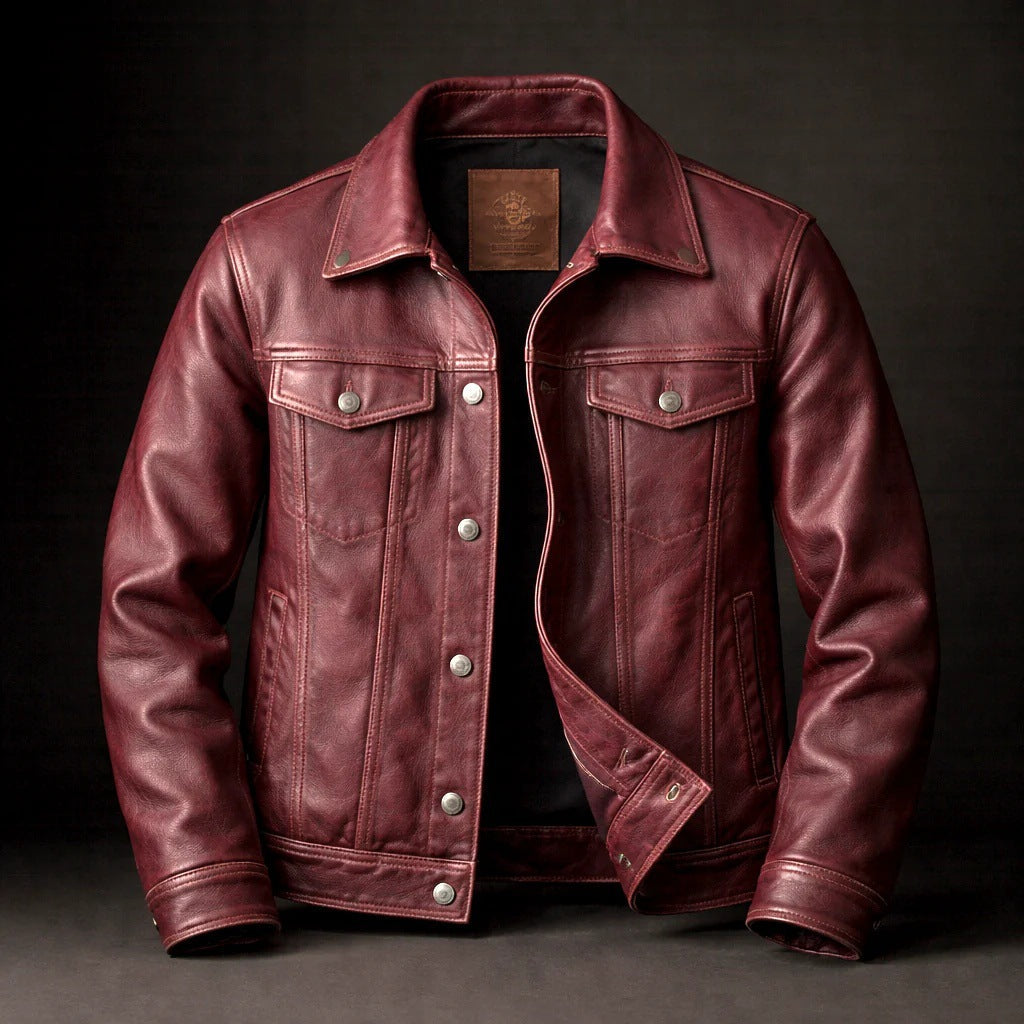 Men's Faux Leather Jacket with Retro Lapel - Red