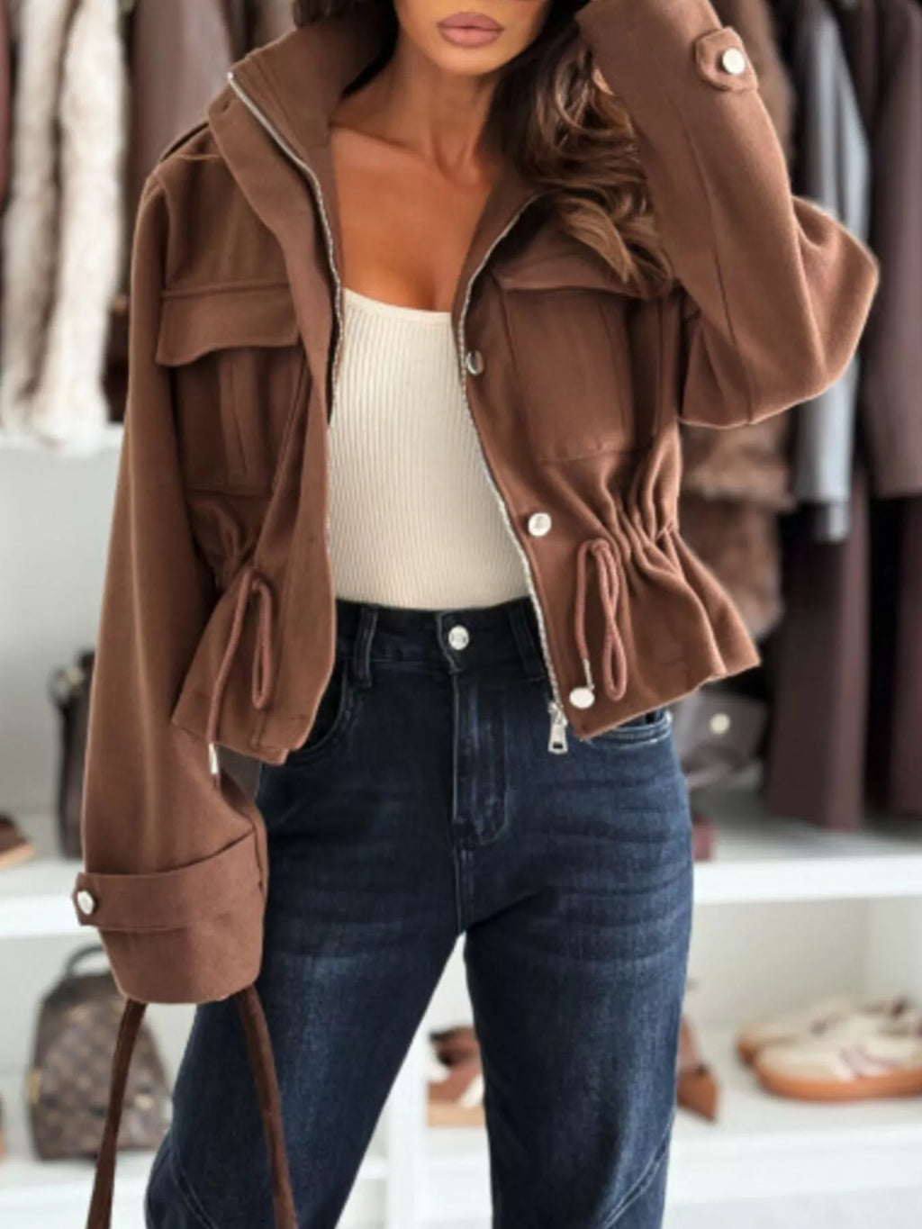 Women's Lightweight Casual Button-Up Jacket with Drawstring - Brown