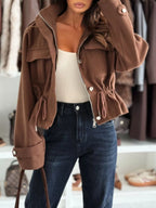 Women's Lightweight Casual Button-Up Jacket with Drawstring - Brown
