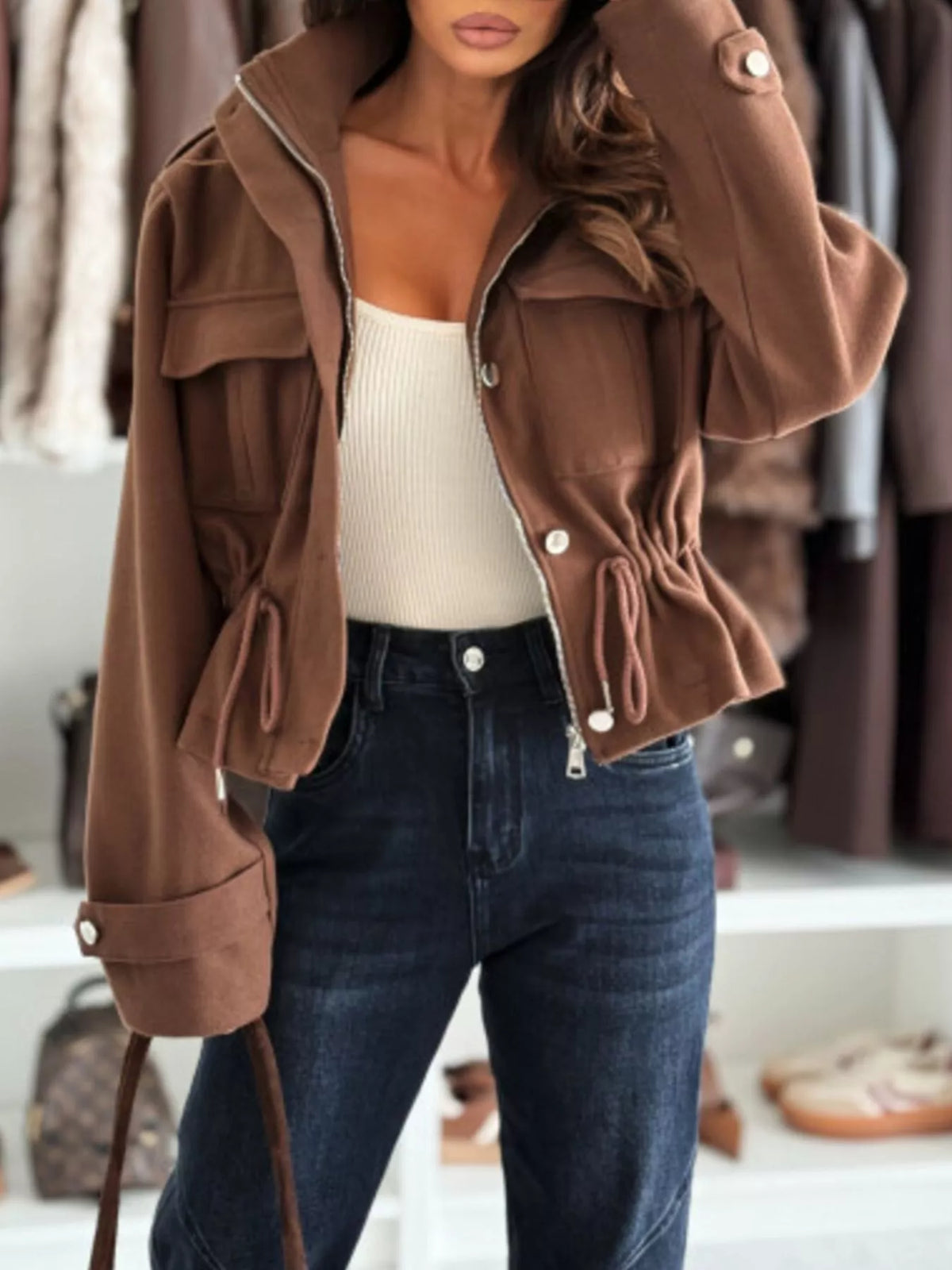 Women's Lightweight Casual Button-Up Jacket with Drawstring - Brown