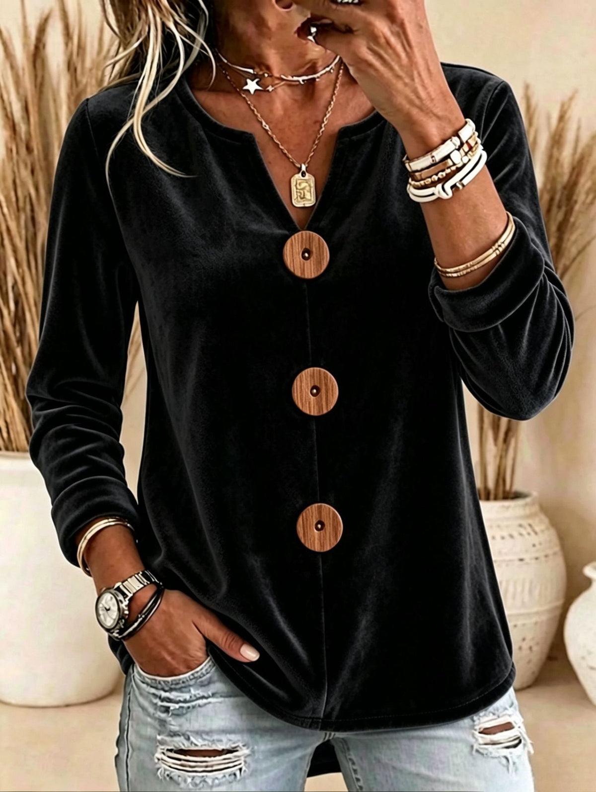 Women's Elegant Velvet V-Neck Top - Black