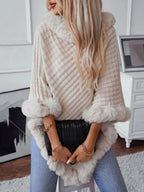 Women's 3/4 Sleeve Poncho with Faux Fur Trim Textured Cape