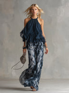 Women's Two-Piece Wedding Guest Set Ruffle Halter Top and Wide-Leg Pants