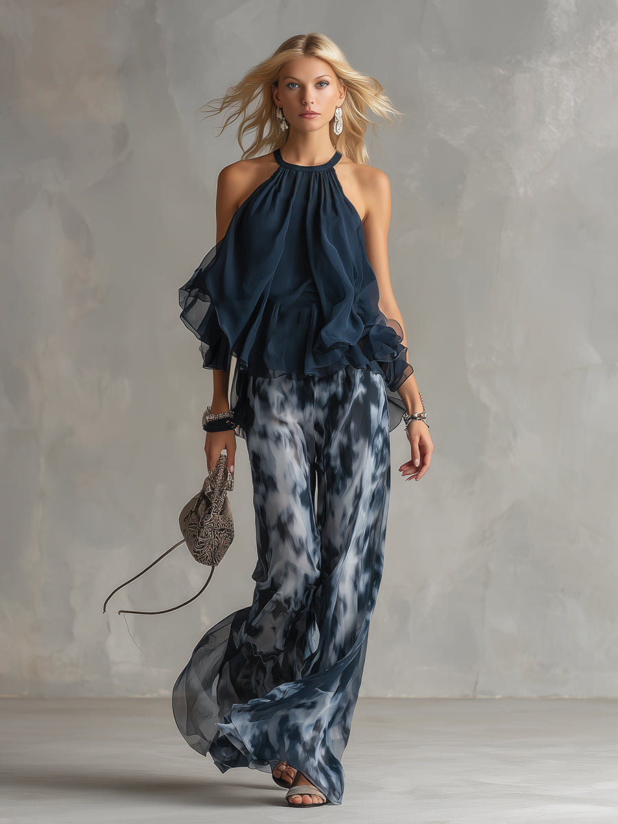 Women's Two-Piece Wedding Guest Set Ruffle Halter Top and Wide-Leg Pants