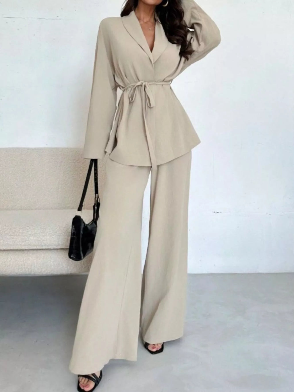 Women's Tie-Waist Top and Textured Wide-Leg Pants Set - Apricot