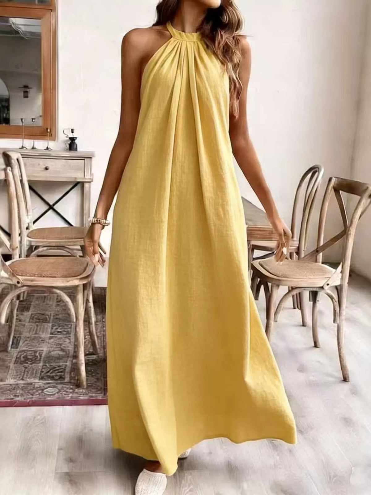 Women's Halter Neck Maxi Dress - Yellow