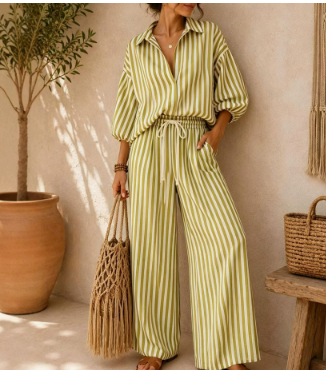 Women's Striped Shirt and Pants Set - Yellow Green