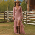 Women's White Boho Lace Fringe Maxi Dress V-Neck Fall Wedding Guest