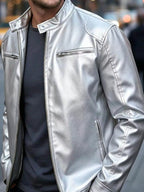 Men's Zip-Up Biker Jacket Big and Tall - Silver