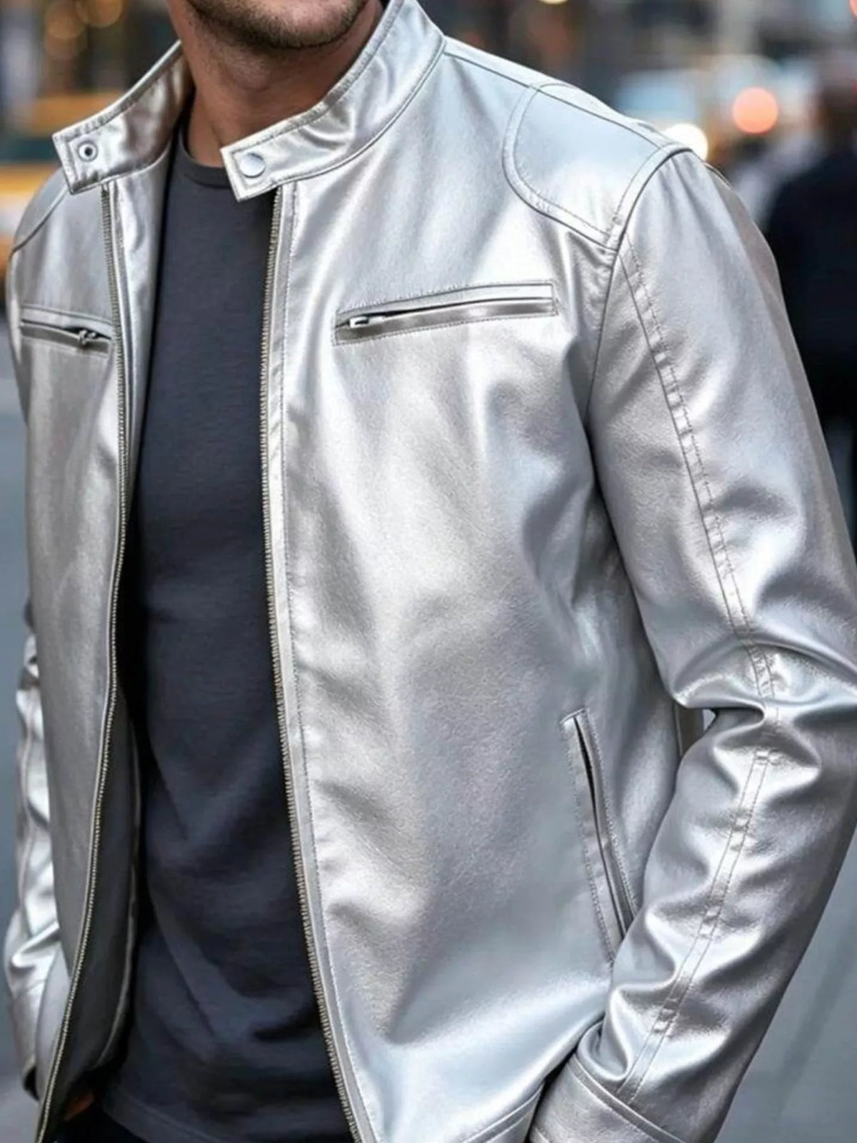 Men's Zip-Up Biker Jacket Big and Tall - Silver