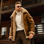 Men's Fleece-Lined Winter Jacket with Faux Fur Collar - Turmeric Yellow