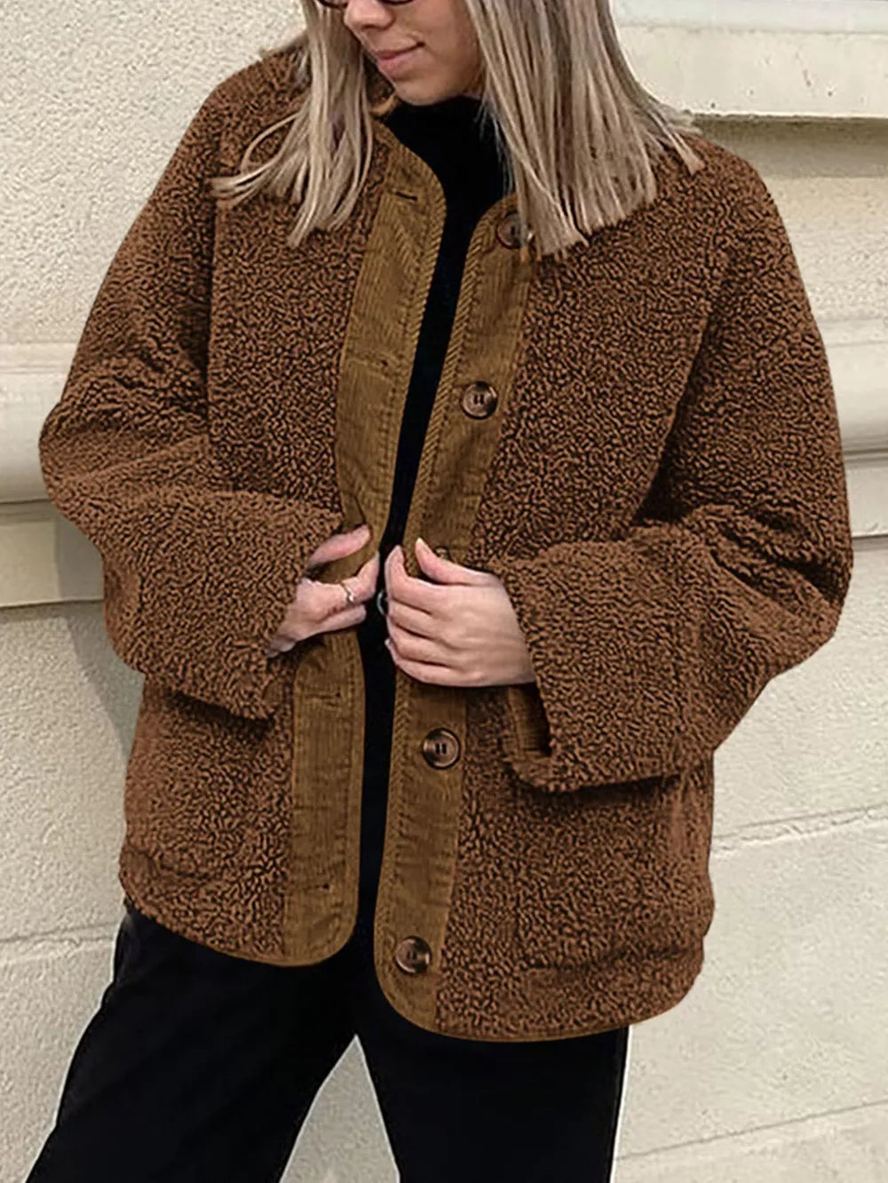 Women's Two-Tone Sherpa Button-Up Jacket with Pockets