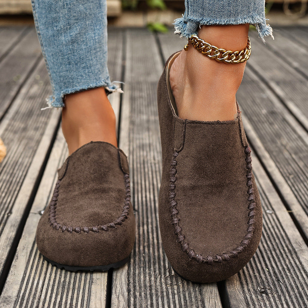 Women's Round Toe Slip-On Shoes - Brown