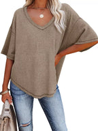 Women's Waffle Knit V-Neck Short Sleeve T-Shirt